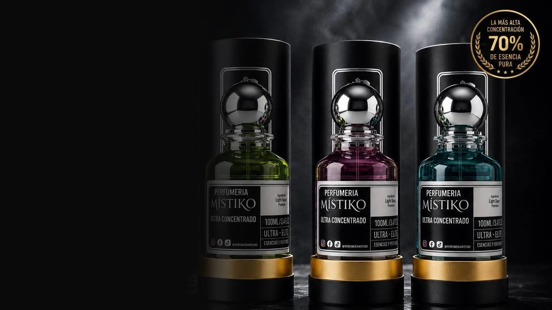 Tres perfumes Místiko Ultra Concentrados de 100 ml con su estuche negro, 70% de esencia pura
